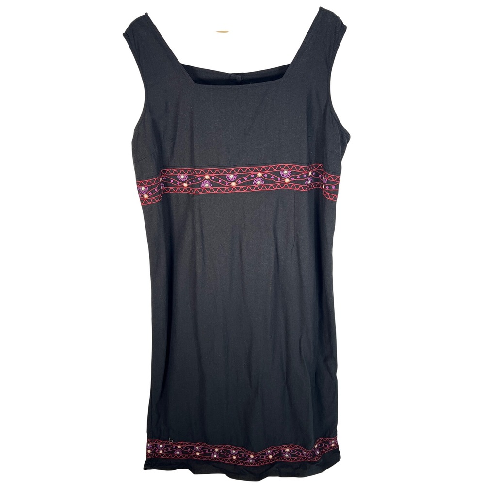 White Stag Black Linen Blend Embroidered Sleeveless Shift Dress XL Vintage